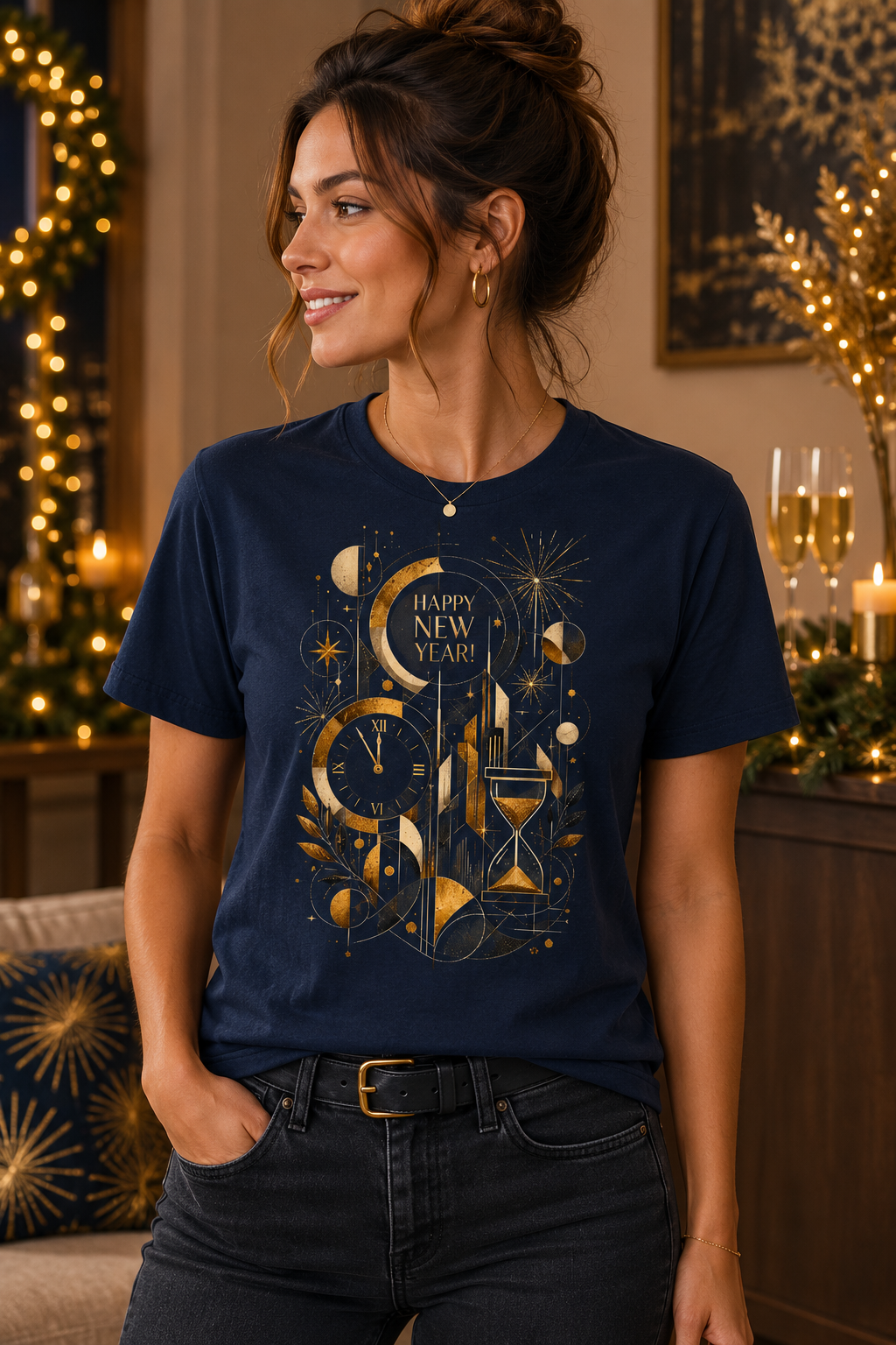 Woman wearing a navy New Year graphic T-shirt featuring a golden Happy New Year design with midnight clock, hourglass, fireworks and geometric celestial elements.