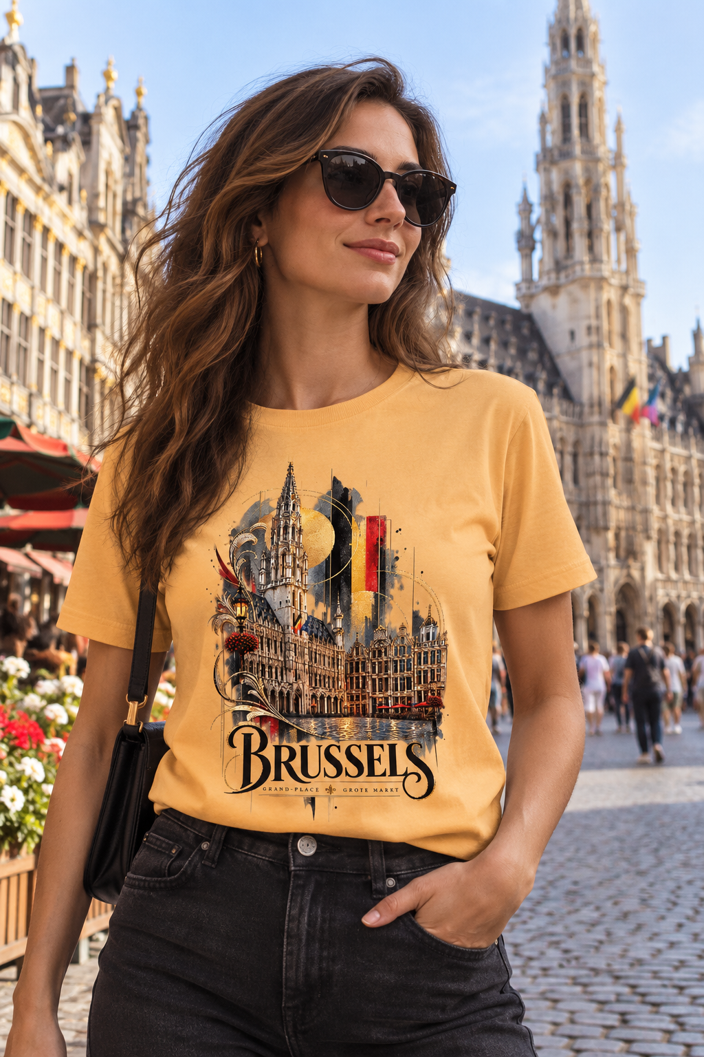 A women wearing a Yellow Brussels Belgium souvenir graphic T-shirt featuring historic Brussels architecture with Belgian flag colours and artistic geometric details