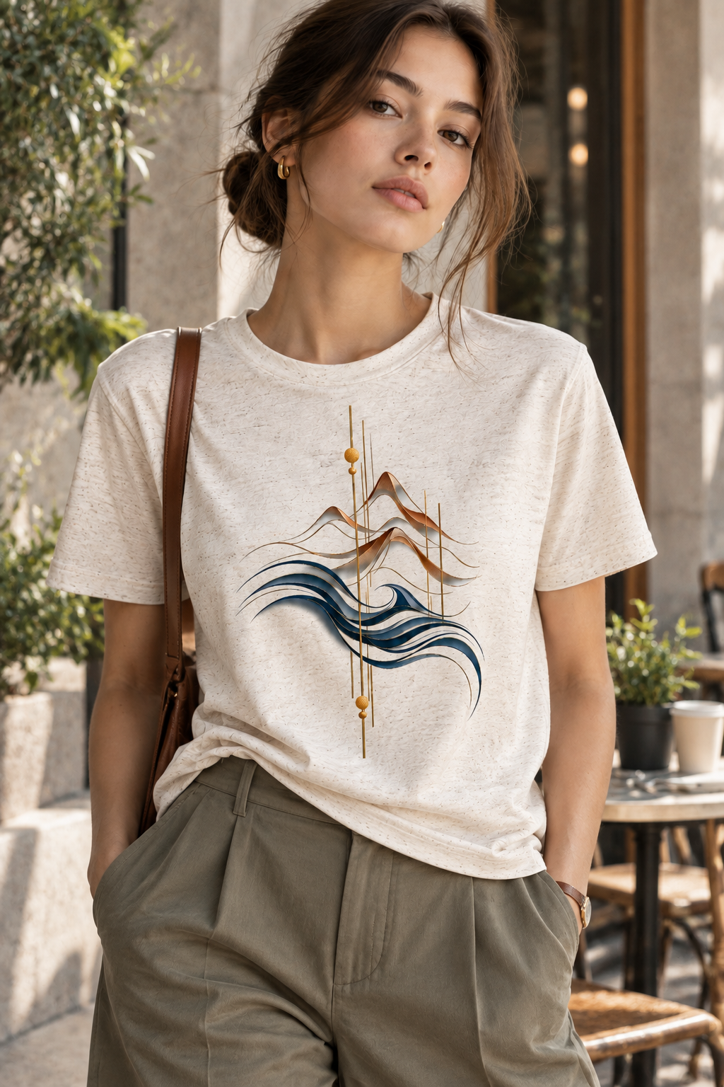 A woman wearing a ivory graphic T-shirt featuring the Golden Peaks design with layered antique-gold mountains, flowing deep blue waves and minimalist geometric lines.