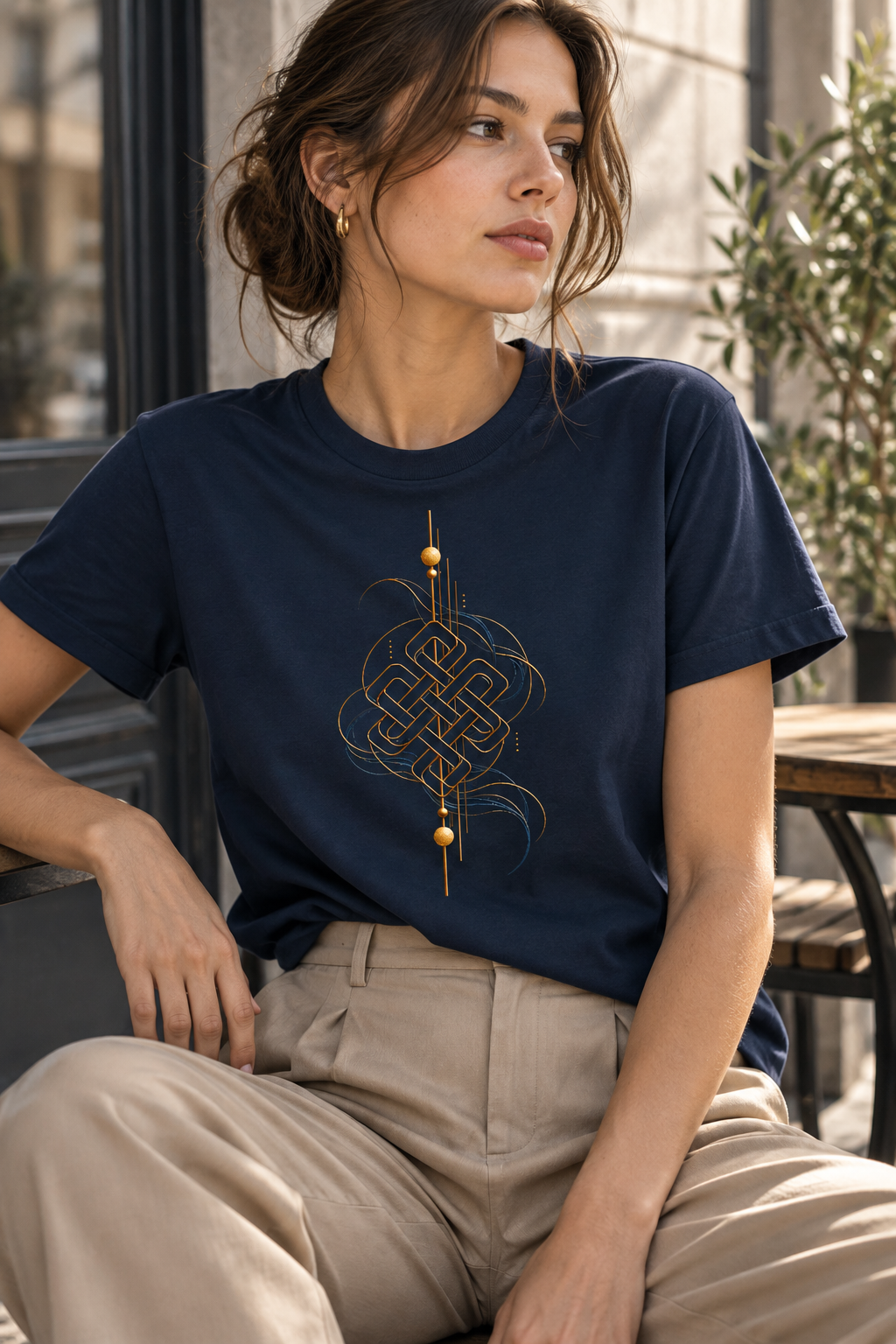 A woman wearing a Navy graphic T-shirt featuring the Eternal Path design with an intricate antique-gold endless knot, flowing blue lines and minimalist geometric details.