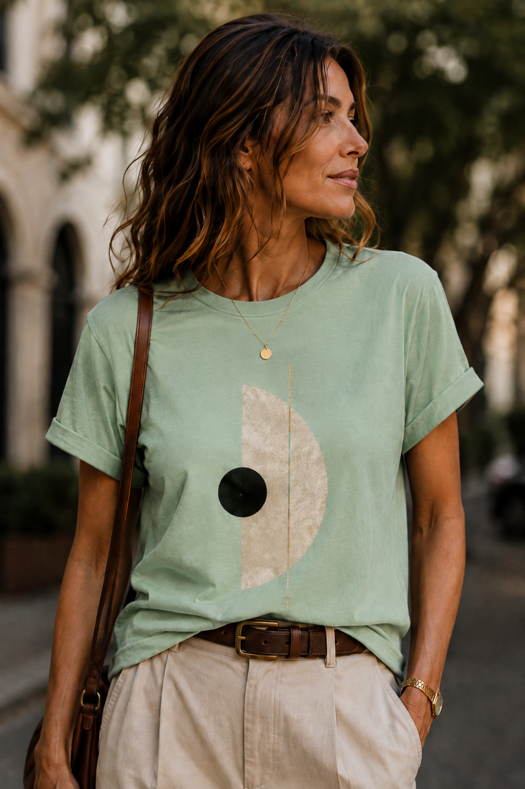 Woman wearing Sage Geometry abstract graphic T-shirt with minimalist geometric artwork in sage green