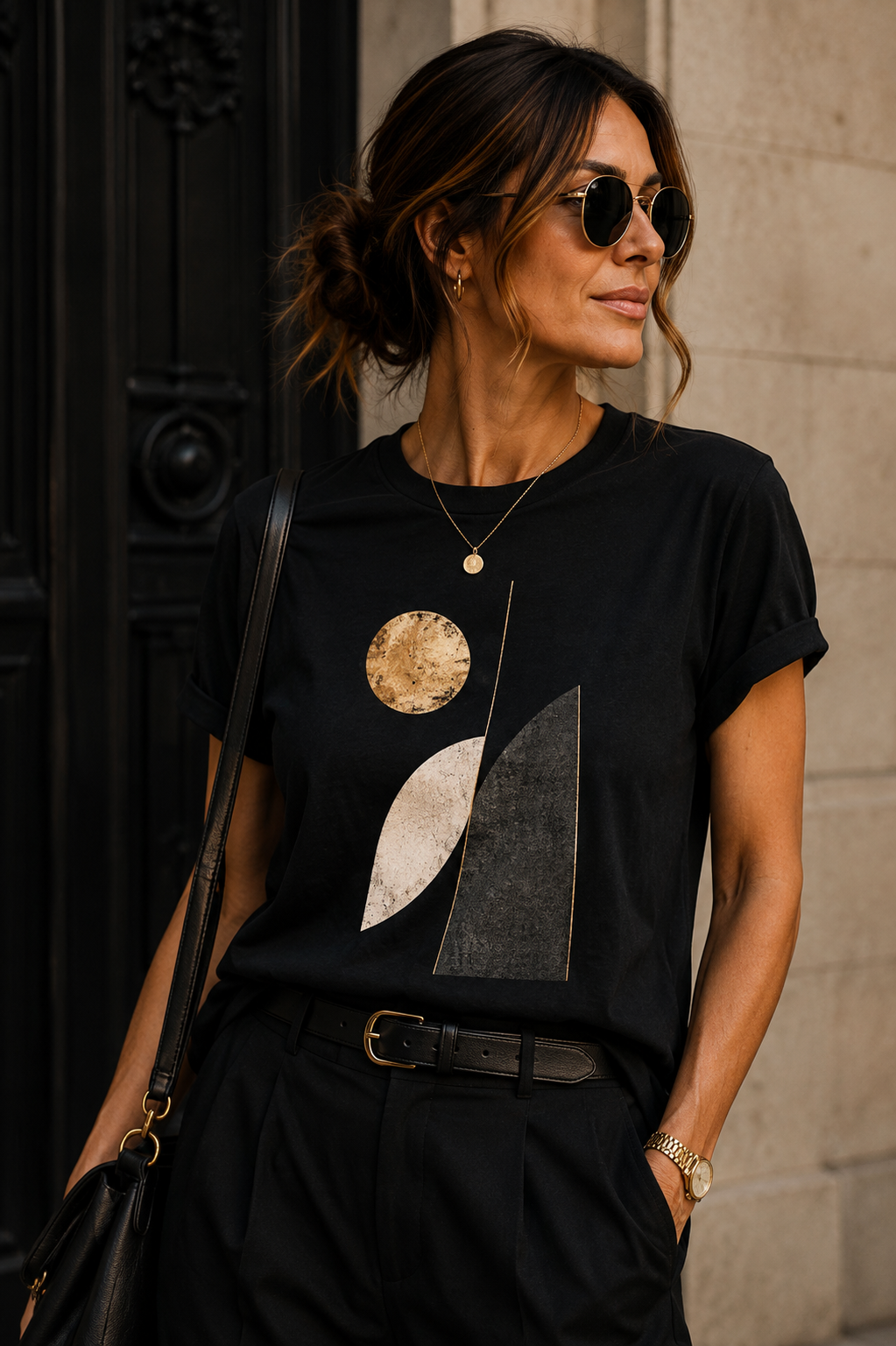 Woman wearing The Golden Orbit abstract graphic T-shirt with golden geometric artwork on black