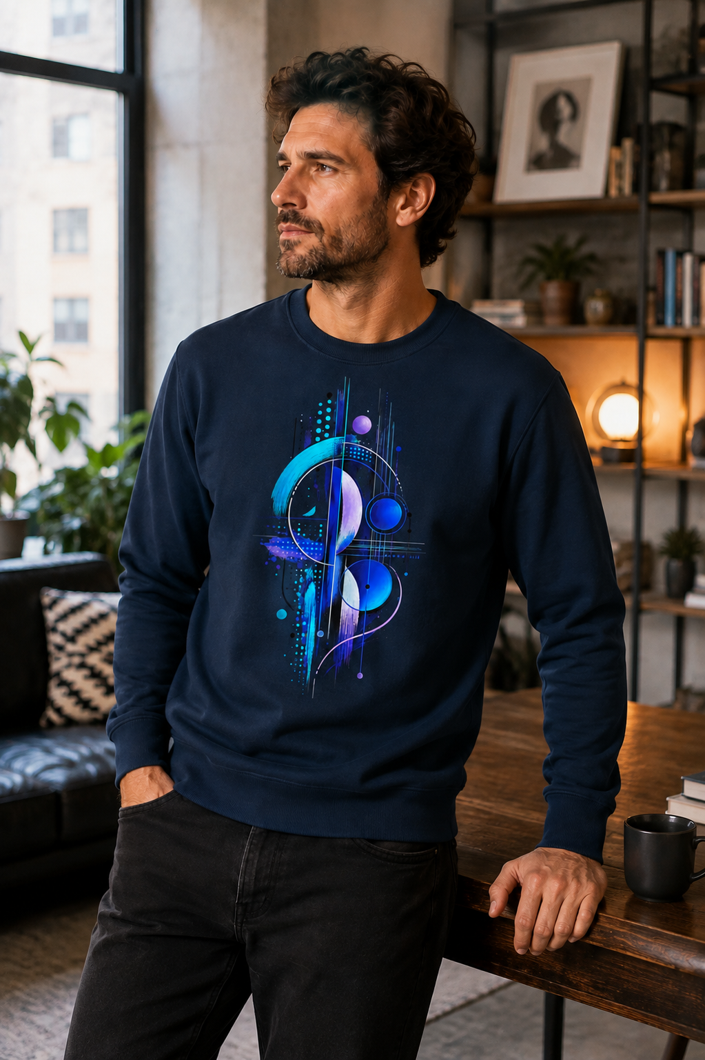 Man wearing the Electric Equilibrium navy unisex sweatshirt with vibrant blue, turquoise and violet abstract geometric artwork.