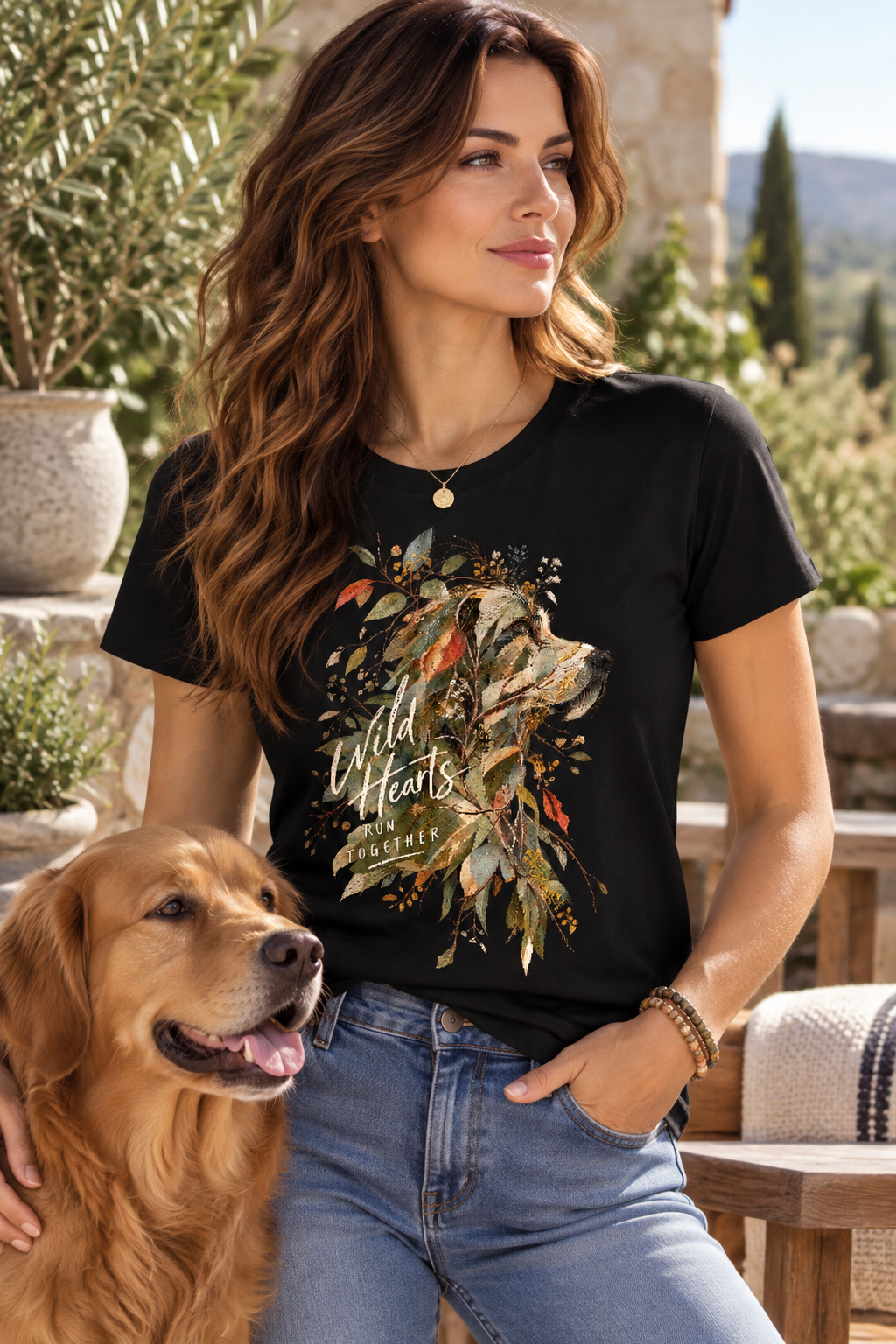 Woman wearing a black Wild Together dog graphic T-shirt featuring an artistic dog portrait, botanical leaves and Wild Hearts Run Together typography