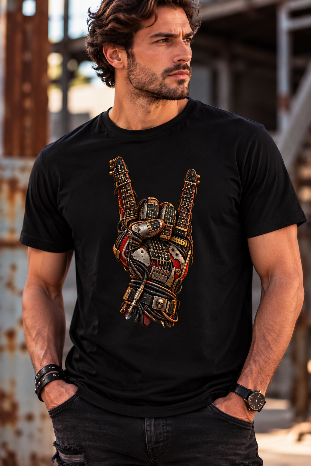 Men wearing a black Guitar Rebellion rock graphic T-shirt featuring a mechanical hand making the rock horns gesture with two electric guitars.