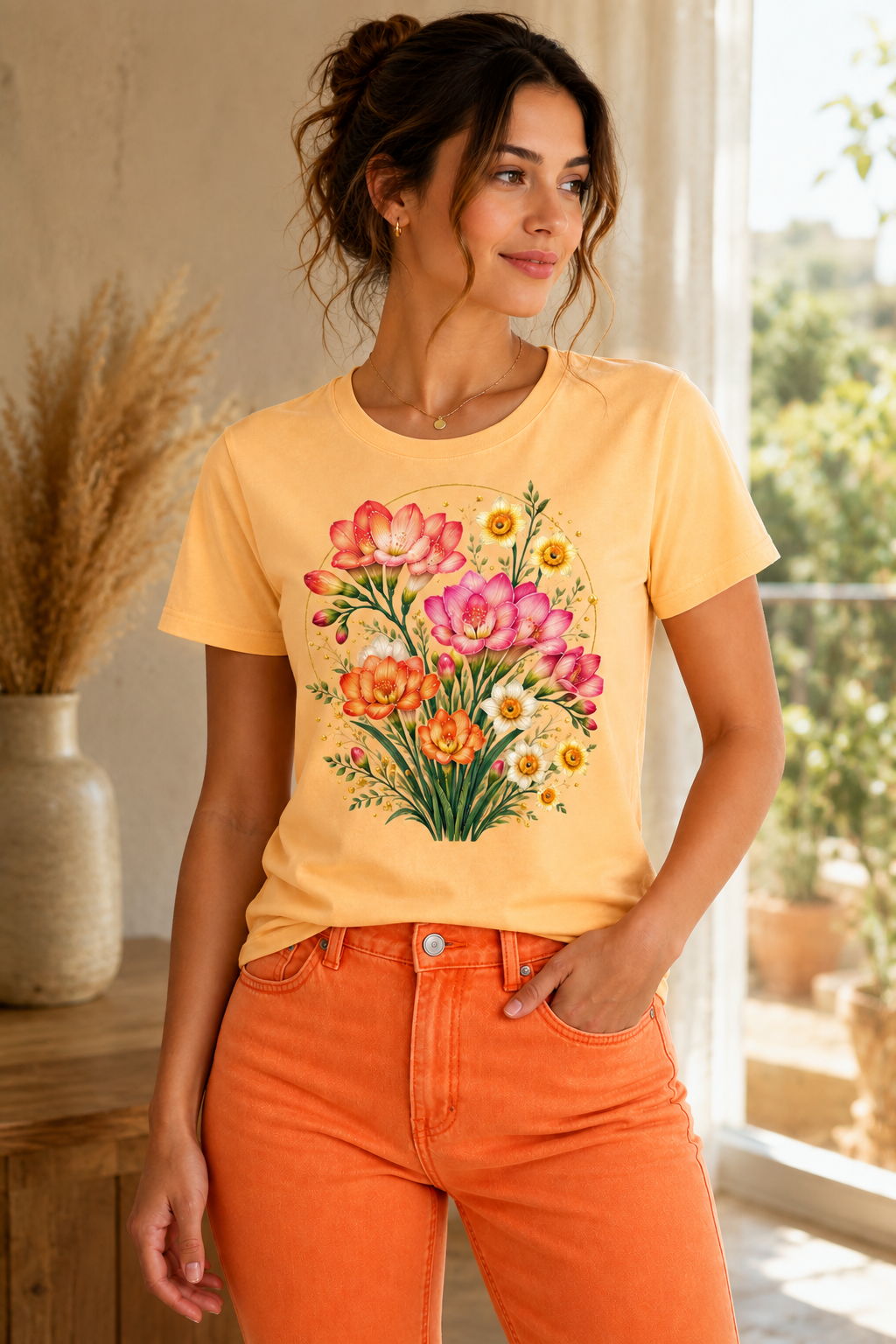 Woman wearing Spring Symphony seasonal graphic T-shirt with peach and pink freesias and golden daffodil artwork