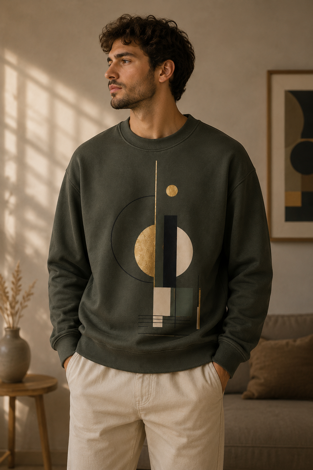Dark olive green unisex sweatshirt featuring Balanced Structure abstract geometric artwork in gold, ivory, black and muted olive