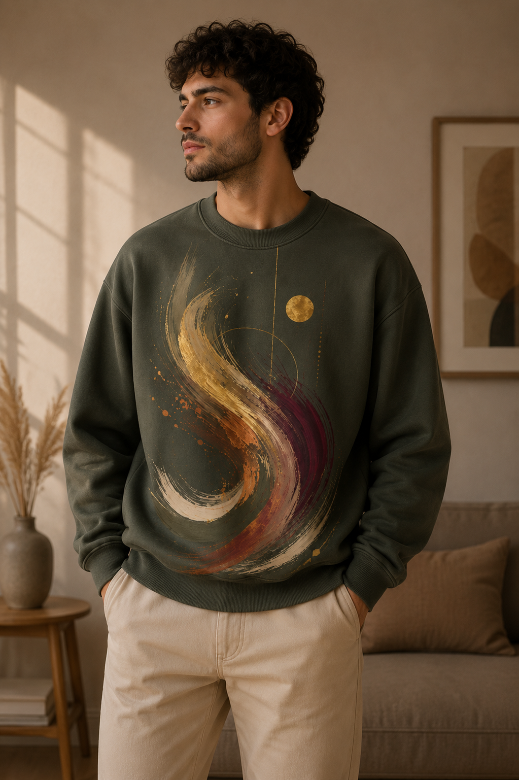 Dark olive green unisex abstract graphic sweatshirt featuring Ether Motion fluid brushstroke artwork in gold, copper, burgundy and ivory