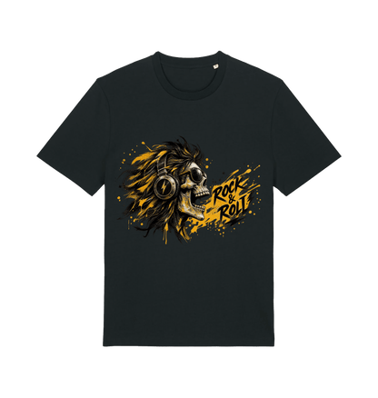 Women's black Wild Frequency rock graphic T-shirt featuring a skull wearing headphones with gold Rock & Roll lettering and expressive splatter details.