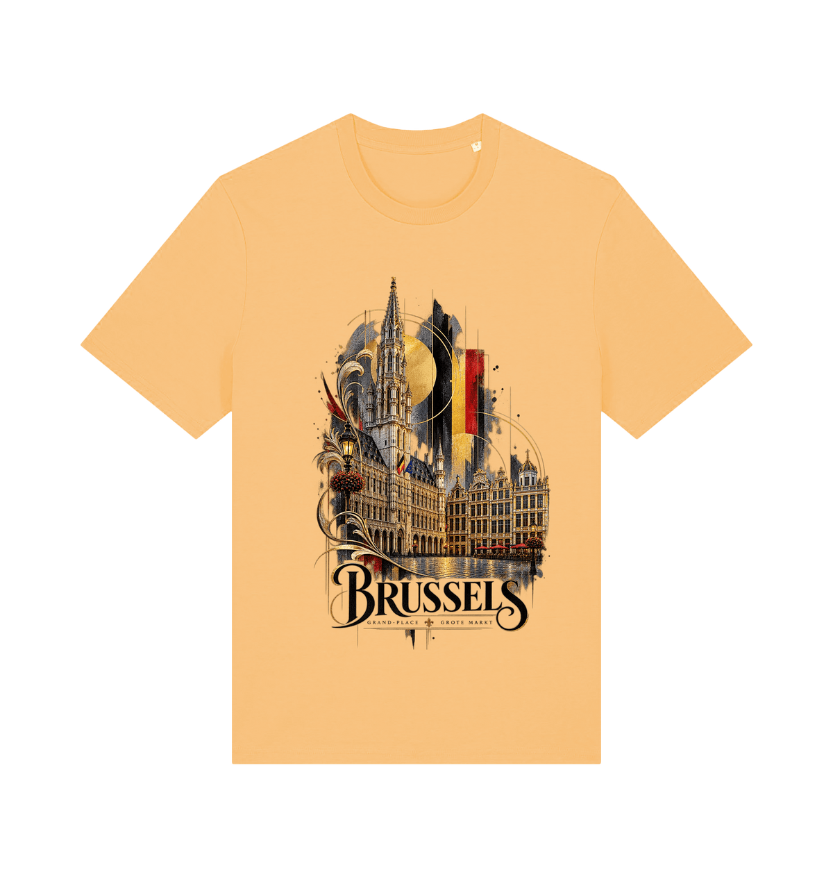 Yellow Brussels Belgium souvenir graphic T-shirt featuring historic Brussels architecture with Belgian flag colours and artistic geometric details