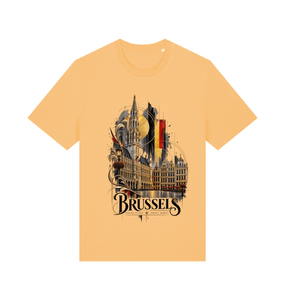 Yellow Brussels Belgium souvenir graphic T-shirt featuring historic Brussels architecture with Belgian flag colours and artistic geometric details