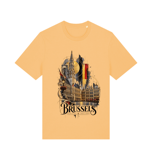 Yellow Brussels Belgium souvenir graphic T-shirt featuring historic Brussels architecture with Belgian flag colours and artistic geometric details