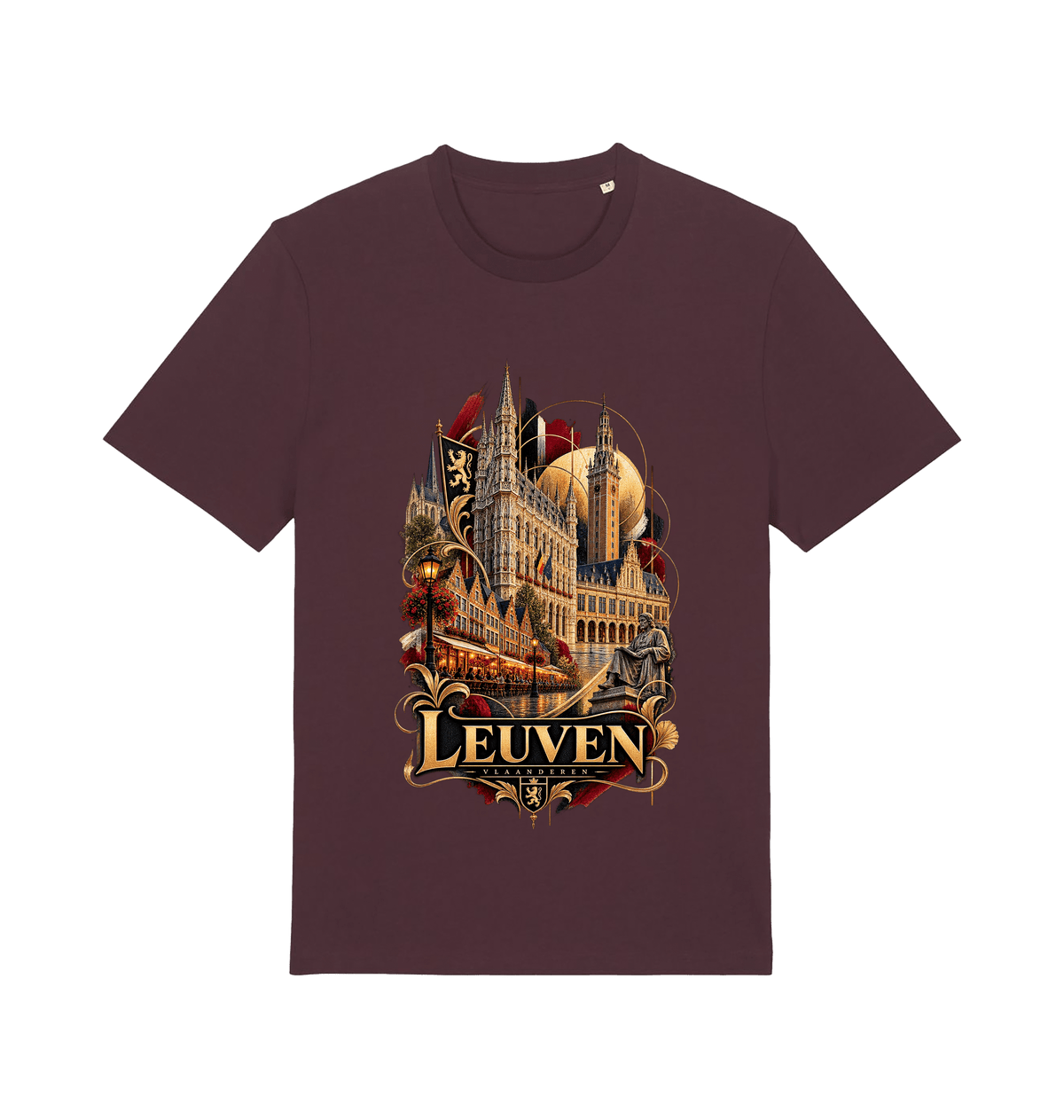 Burgundy Leuven Belgium souvenir graphic T-shirt featuring historic city architecture and landmarks in antique gold, red and warm amber tones