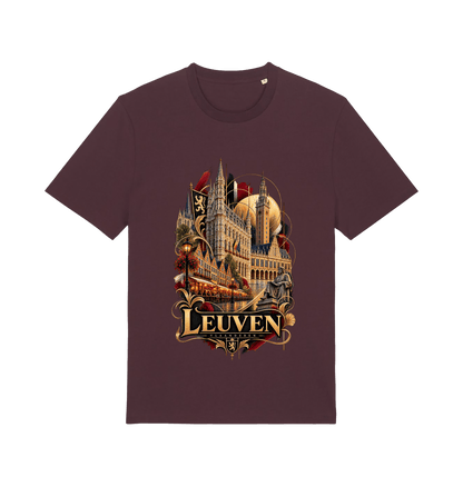 Burgundy Leuven Belgium souvenir graphic T-shirt featuring historic city architecture and landmarks in antique gold, red and warm amber tones