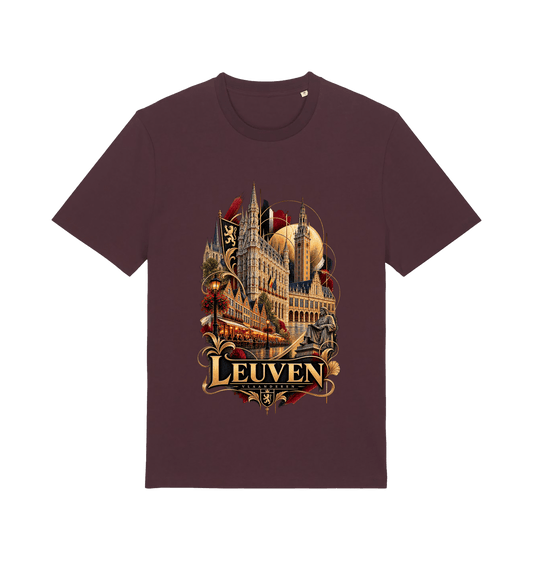 Burgundy Leuven Belgium souvenir graphic T-shirt featuring historic city architecture and landmarks in antique gold, red and warm amber tones