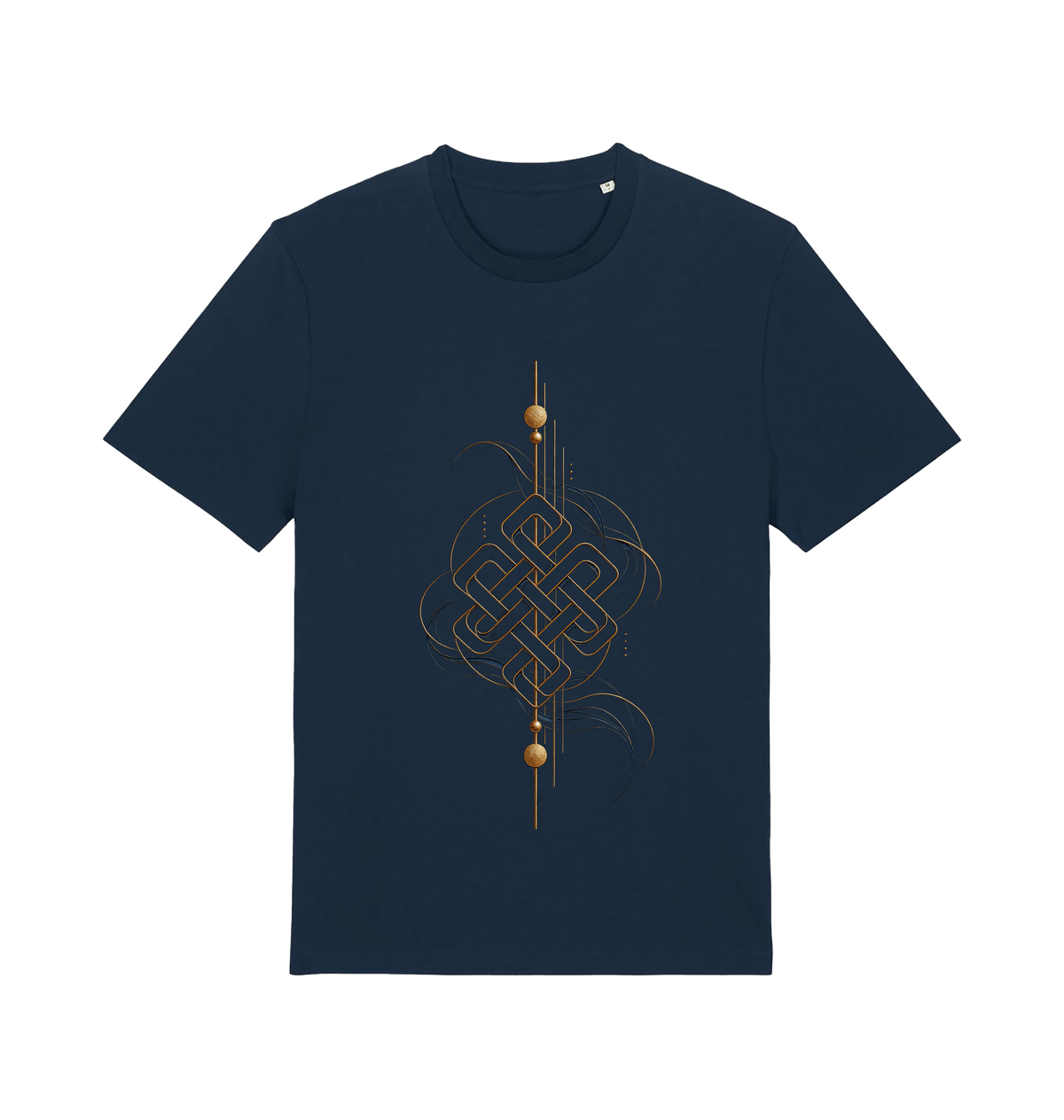 Navy graphic T-shirt featuring the Eternal Path design with an intricate antique-gold endless knot, flowing blue lines and minimalist geometric details.