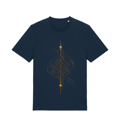 Navy graphic T-shirt featuring the Eternal Path design with an intricate antique-gold endless knot, flowing blue lines and minimalist geometric details.