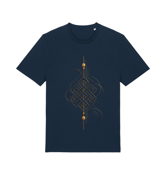 Navy graphic T-shirt featuring the Eternal Path design with an intricate antique-gold endless knot, flowing blue lines and minimalist geometric details.