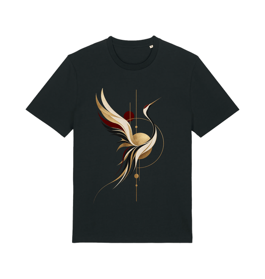 Black graphic T-shirt featuring the Golden Crane design with an elegant crane, antique-gold geometric circles, ivory details and a deep red sun.