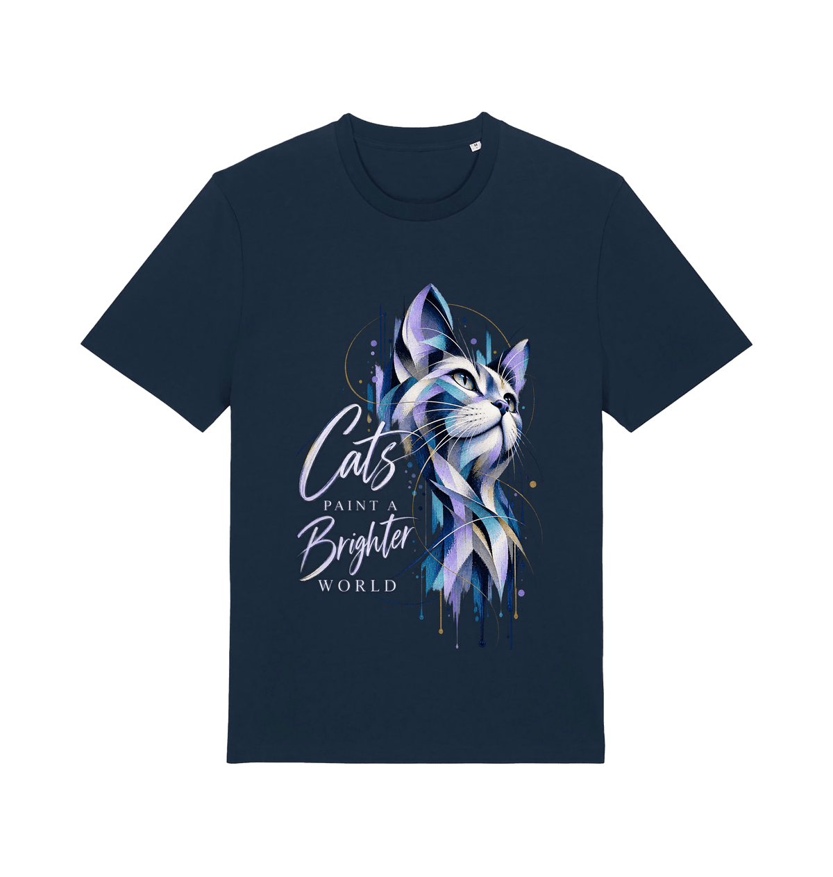Women’s navy Brighter World cat graphic T-shirt featuring a geometric blue and violet cat portrait and Cats Paint a Brighter World typography