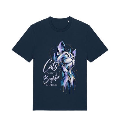 Women’s navy Brighter World cat graphic T-shirt featuring a geometric blue and violet cat portrait and Cats Paint a Brighter World typography