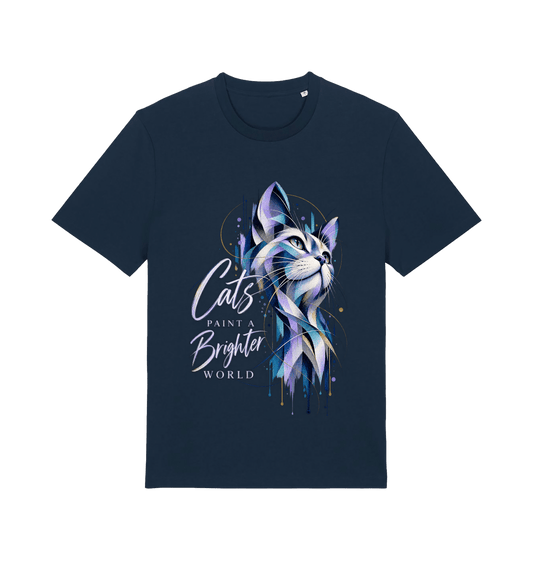 Women’s navy Brighter World cat graphic T-shirt featuring a geometric blue and violet cat portrait and Cats Paint a Brighter World typography
