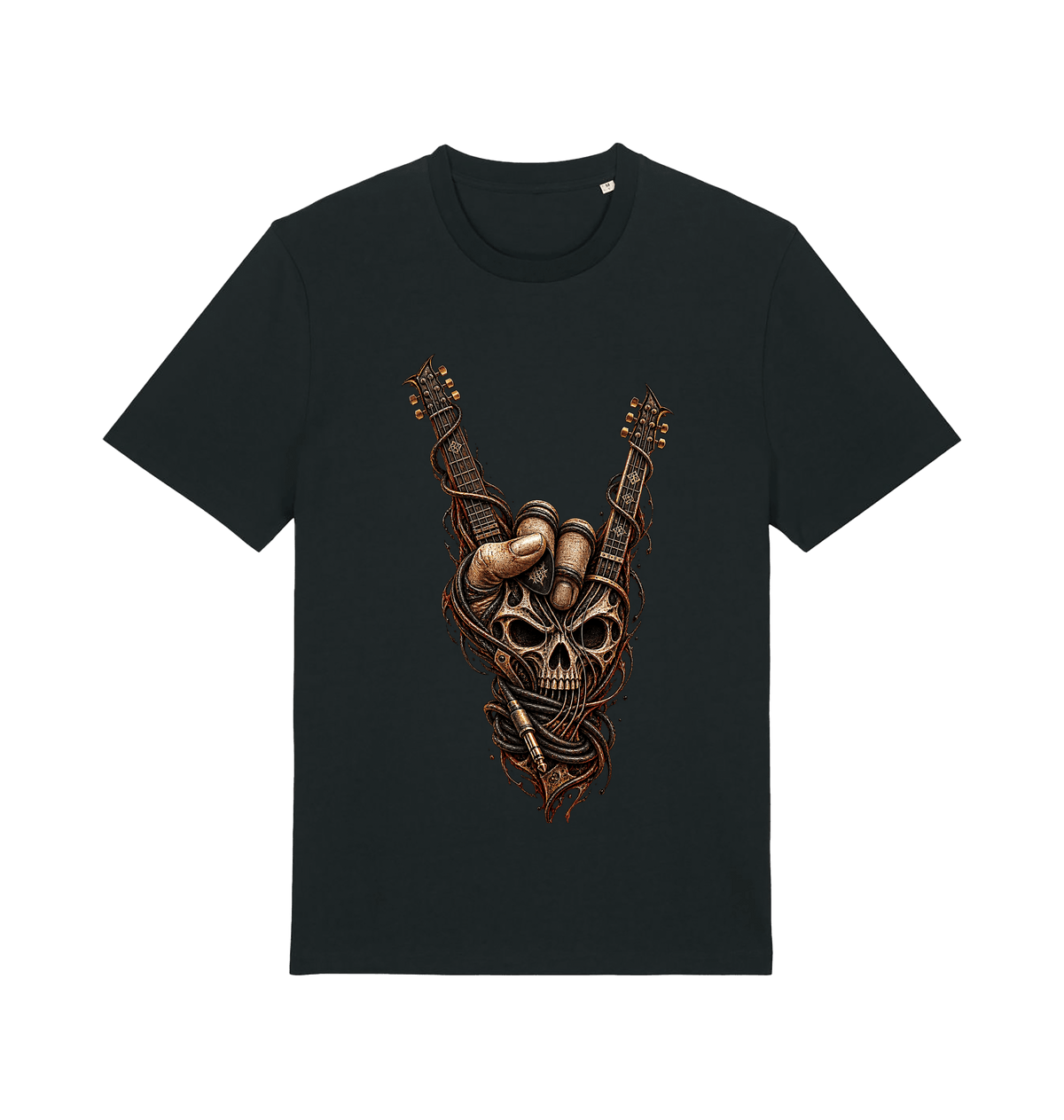 Women's black Rebel Soul rock graphic T-shirt featuring a metallic skull, rock horns gesture and two electric guitars.