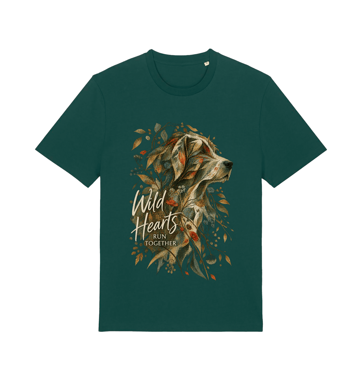 Women’s green Wild Hearts dog graphic T-shirt featuring an artistic dog portrait, botanical details and Wild Hearts Run Together typography