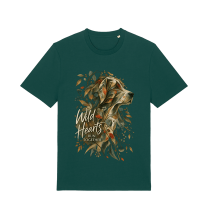 Women’s green Wild Hearts dog graphic T-shirt featuring an artistic dog portrait, botanical details and Wild Hearts Run Together typography