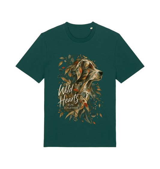 Women’s green Wild Hearts dog graphic T-shirt featuring an artistic dog portrait, botanical details and Wild Hearts Run Together typography