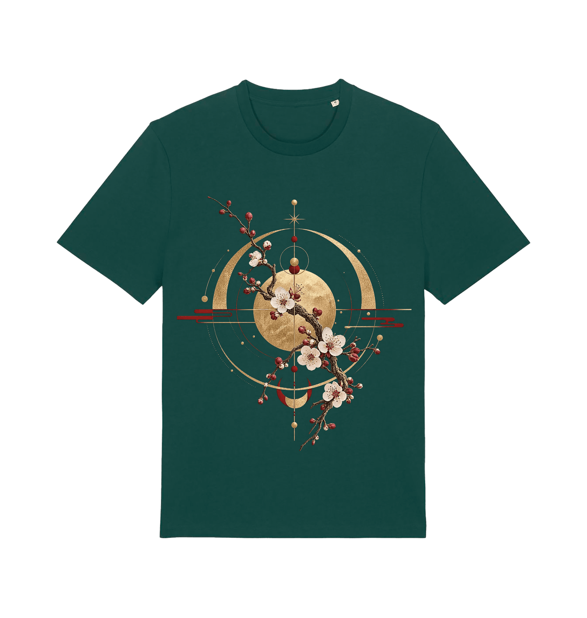 Dark green graphic T-shirt featuring the Celestial Blossom design with golden celestial geometry, crescent forms, red accents and flowering branches.