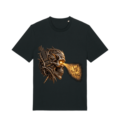 Men's black Rock & Roll Vision graphic T-shirt featuring a metallic skull with guitar details and illuminated rock and roll artwork.
