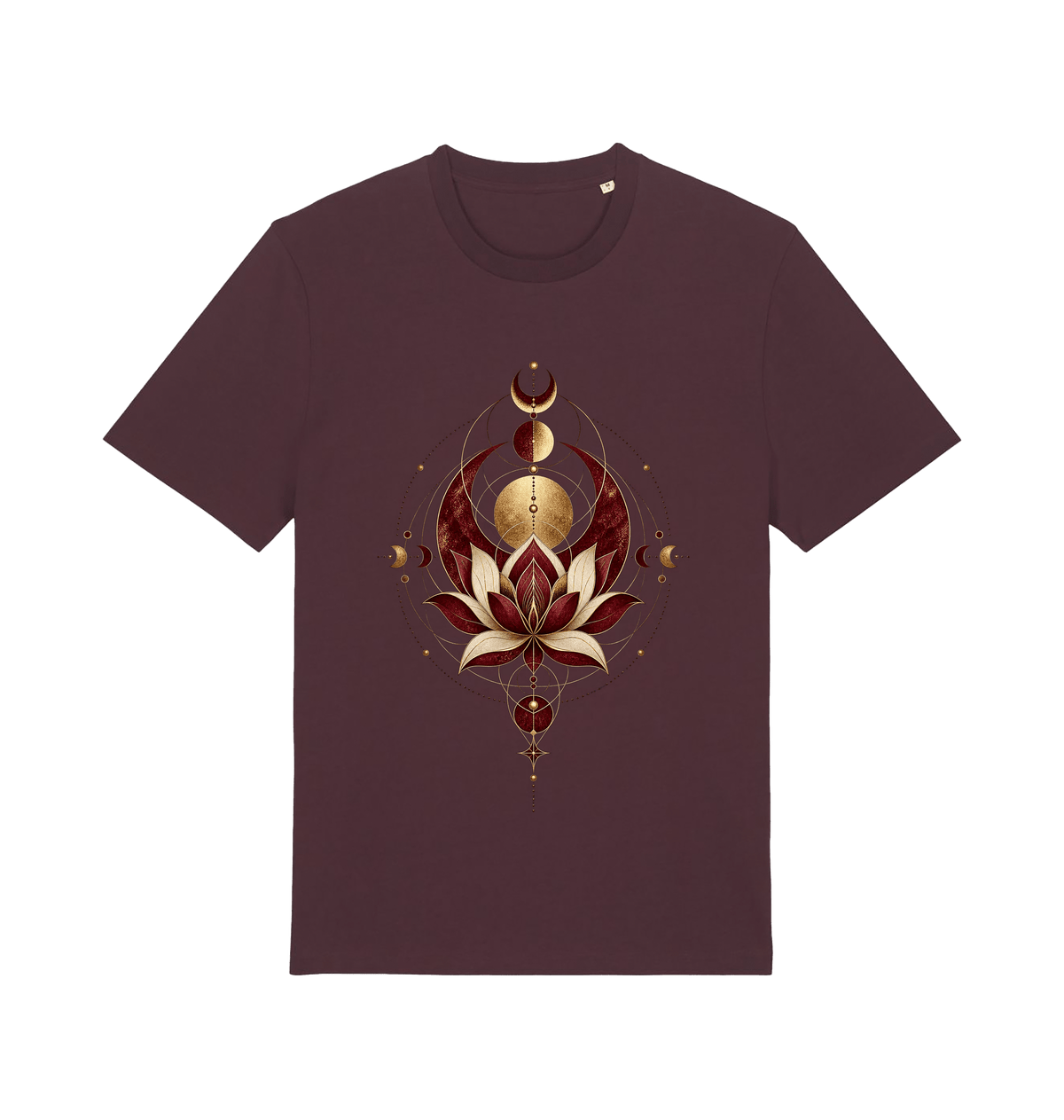 Women’s burgundy Sacred Alignment spiritual graphic T-shirt with lotus, moon phases and celestial geometric artwork in gold and ivory