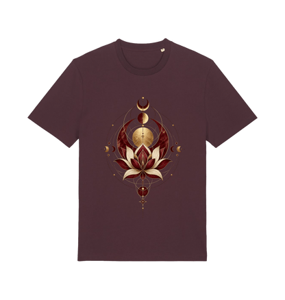 Women’s burgundy Sacred Alignment spiritual graphic T-shirt with lotus, moon phases and celestial geometric artwork in gold and ivory
