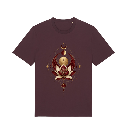 Women’s burgundy Sacred Alignment spiritual graphic T-shirt with lotus, moon phases and celestial geometric artwork in gold and ivory