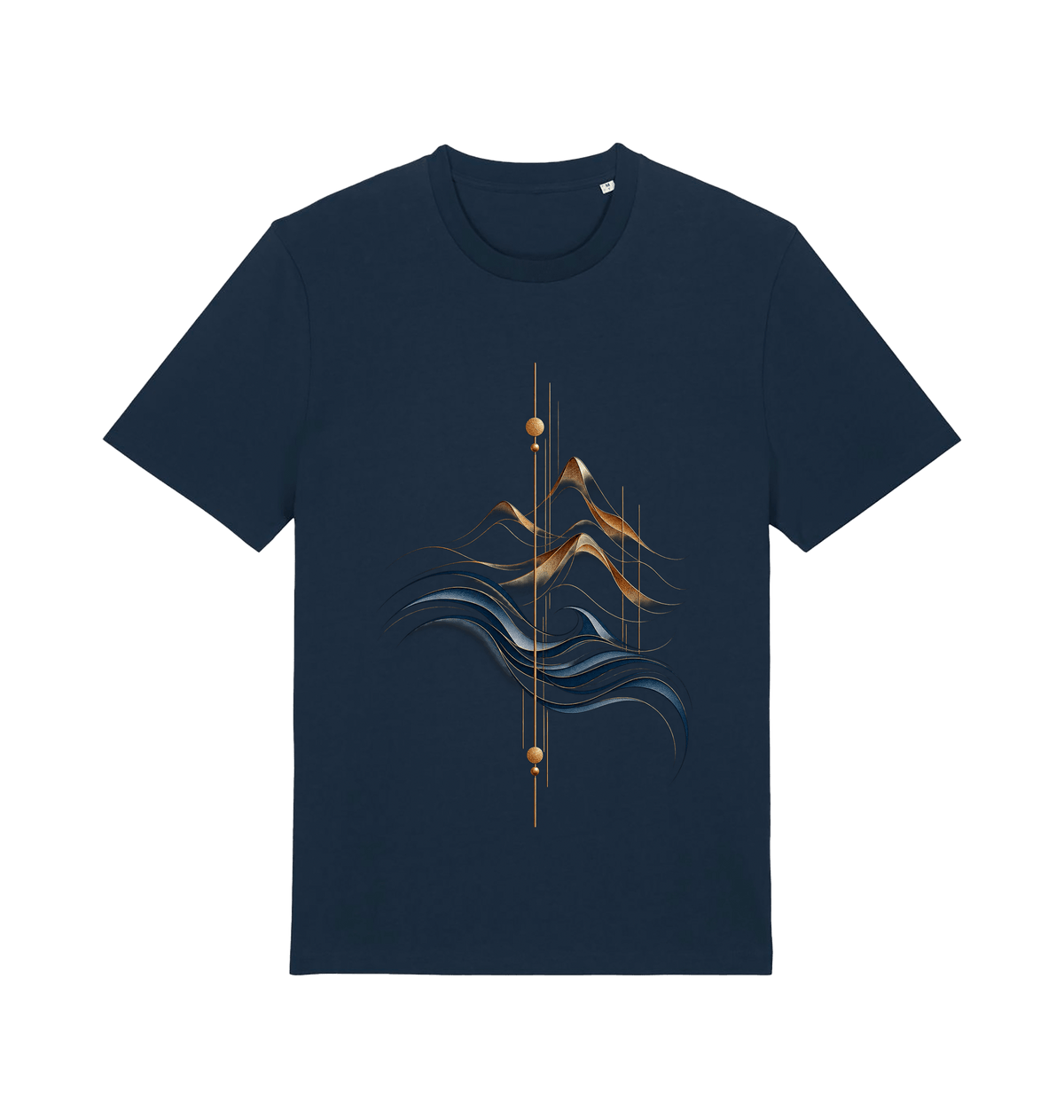 Navy graphic T-shirt featuring the Golden Peaks design with layered antique-gold mountains, flowing deep blue waves and minimalist geometric lines.