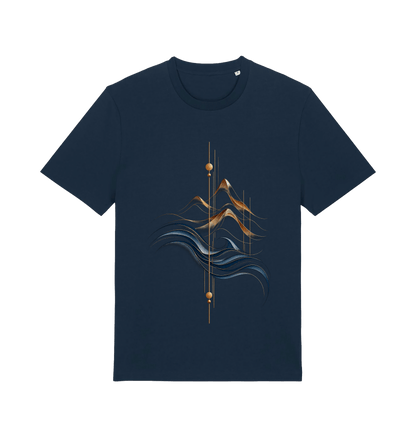 Navy graphic T-shirt featuring the Golden Peaks design with layered antique-gold mountains, flowing deep blue waves and minimalist geometric lines.