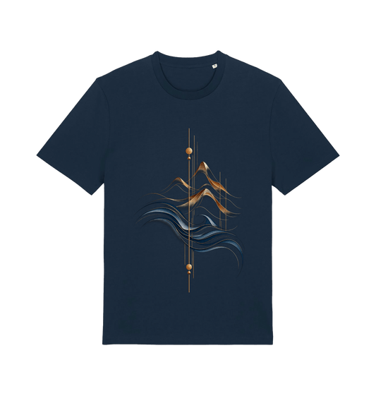 Navy graphic T-shirt featuring the Golden Peaks design with layered antique-gold mountains, flowing deep blue waves and minimalist geometric lines.