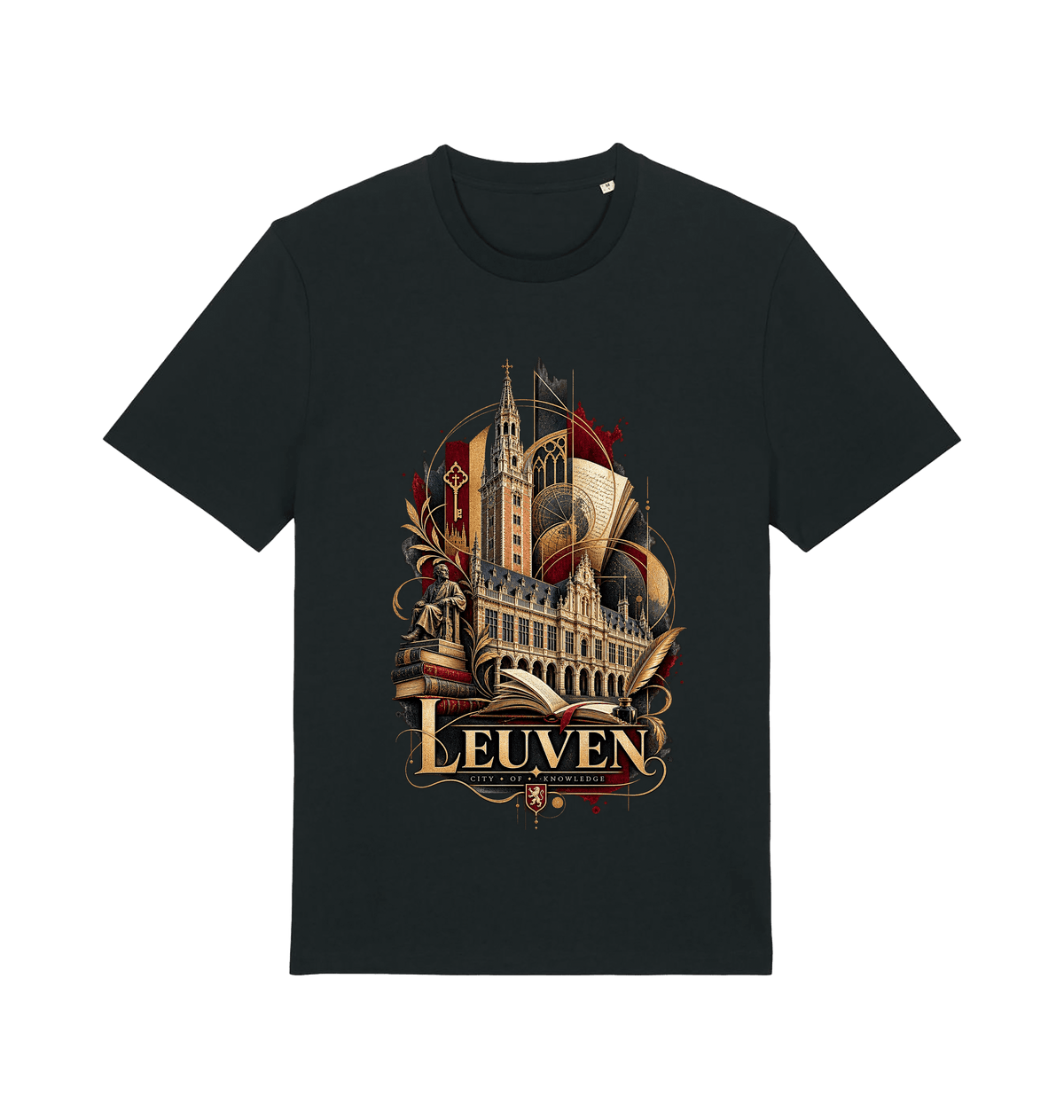 Black Leuven Belgium souvenir graphic T-shirt featuring historic architecture, books and academic-inspired artwork in gold and burgundy
