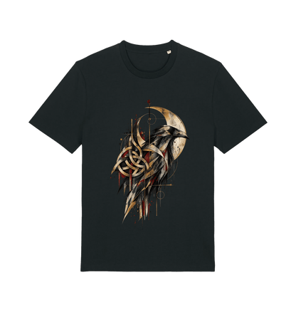 Women’s black Celtic Raven Moon graphic T-shirt with raven, crescent moon, Celtic knotwork and geometric artwork