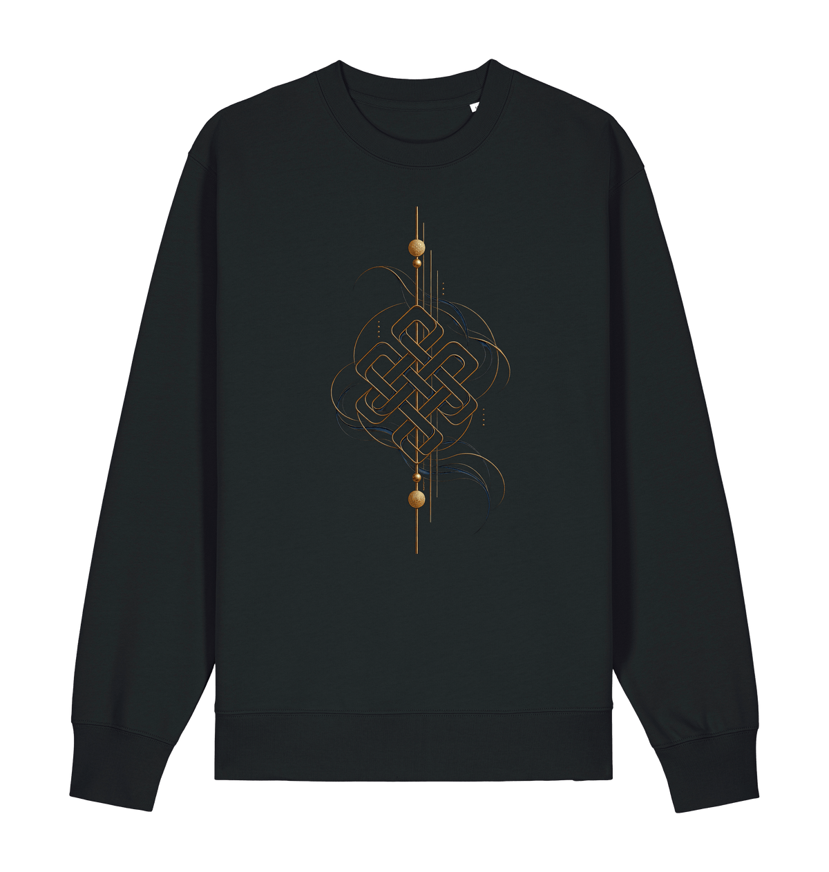 Black unisex graphic sweatshirt featuring an intricate golden interwoven geometric artwork with subtle blue accents by Exalyn Studio.