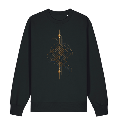 Black unisex graphic sweatshirt featuring an intricate golden interwoven geometric artwork with subtle blue accents by Exalyn Studio.