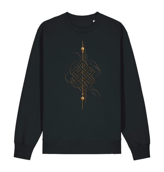 Black unisex graphic sweatshirt featuring an intricate golden interwoven geometric artwork with subtle blue accents by Exalyn Studio.
