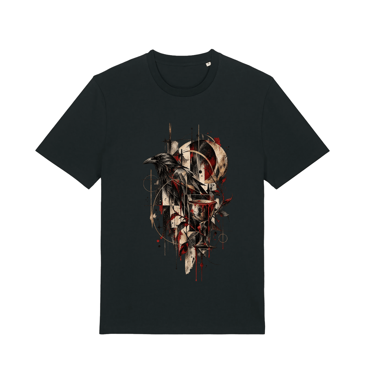 Men’s black Crimson Omen dark Gothic graphic T-shirt with raven, chalice, lunar elements and abstract geometric artwork