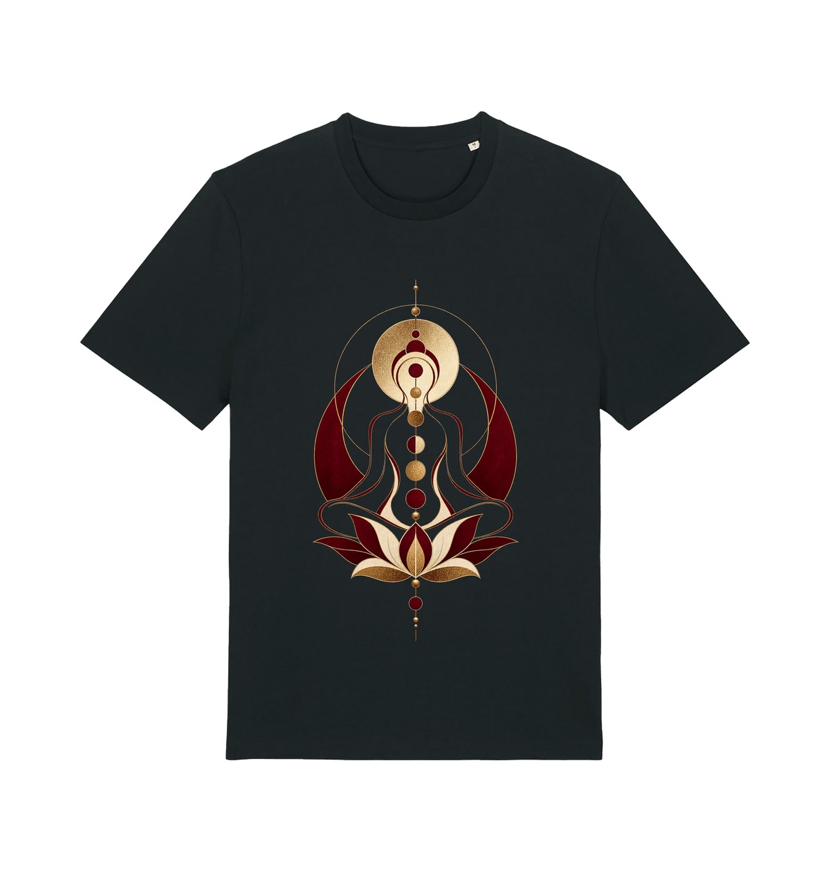 Women’s black Sacred Lotus spiritual graphic T-shirt with meditative figure, lotus and geometric artwork in burgundy, ivory and gold