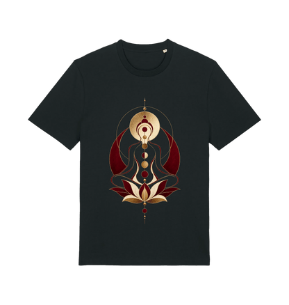 Women’s black Sacred Lotus spiritual graphic T-shirt with meditative figure, lotus and geometric artwork in burgundy, ivory and gold