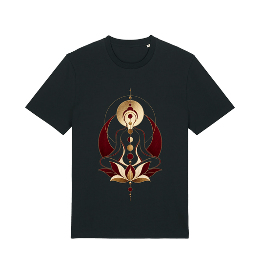 Women’s black Sacred Lotus spiritual graphic T-shirt with meditative figure, lotus and geometric artwork in burgundy, ivory and gold