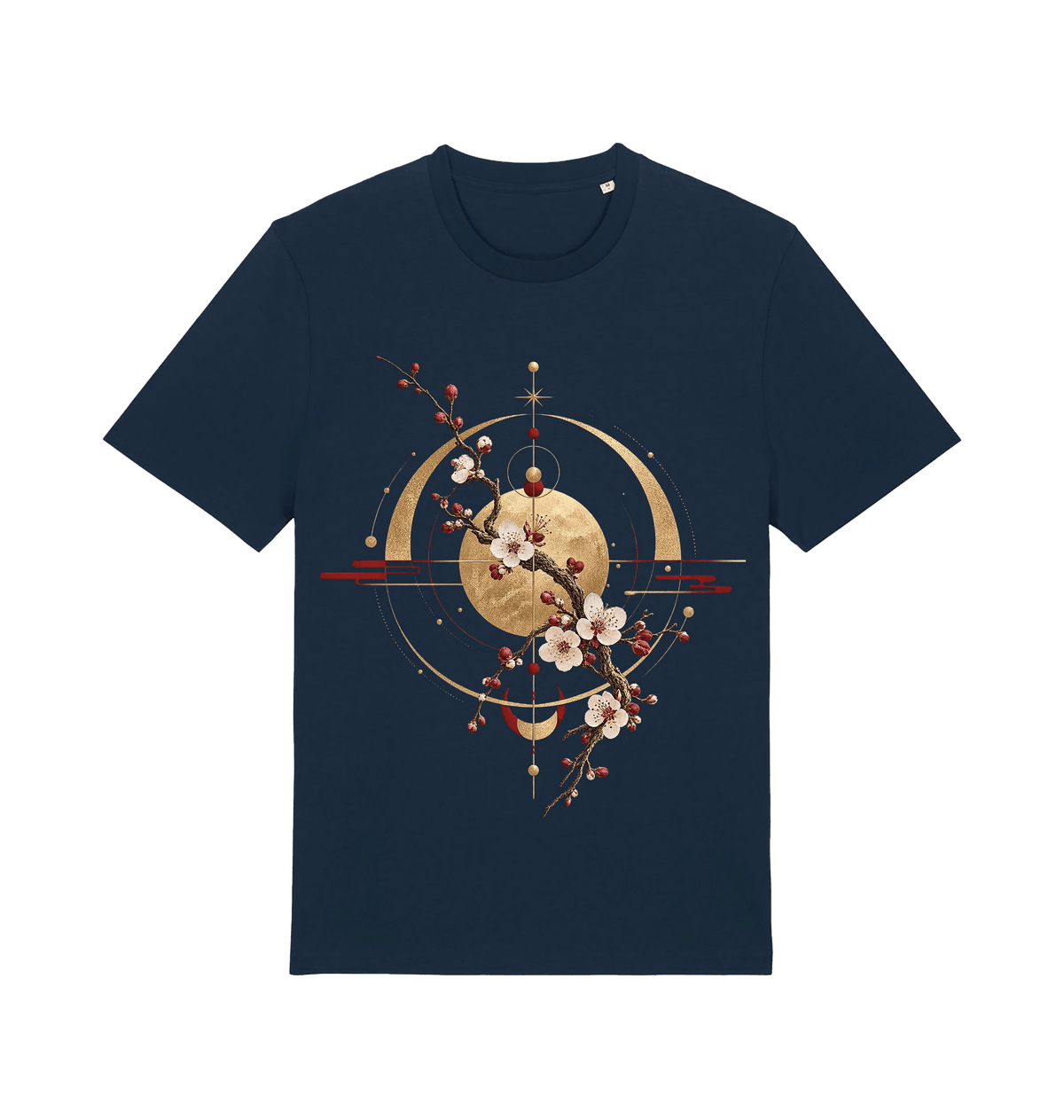 Navy graphic T-shirt featuring the Celestial Blossom design with golden celestial geometry, crescent forms, red accents and flowering branches.