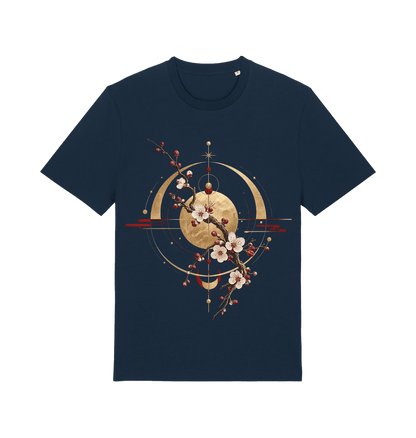 Navy graphic T-shirt featuring the Celestial Blossom design with golden celestial geometry, crescent forms, red accents and flowering branches.