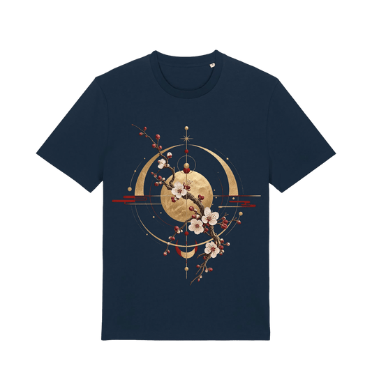 Navy graphic T-shirt featuring the Celestial Blossom design with golden celestial geometry, crescent forms, red accents and flowering branches.